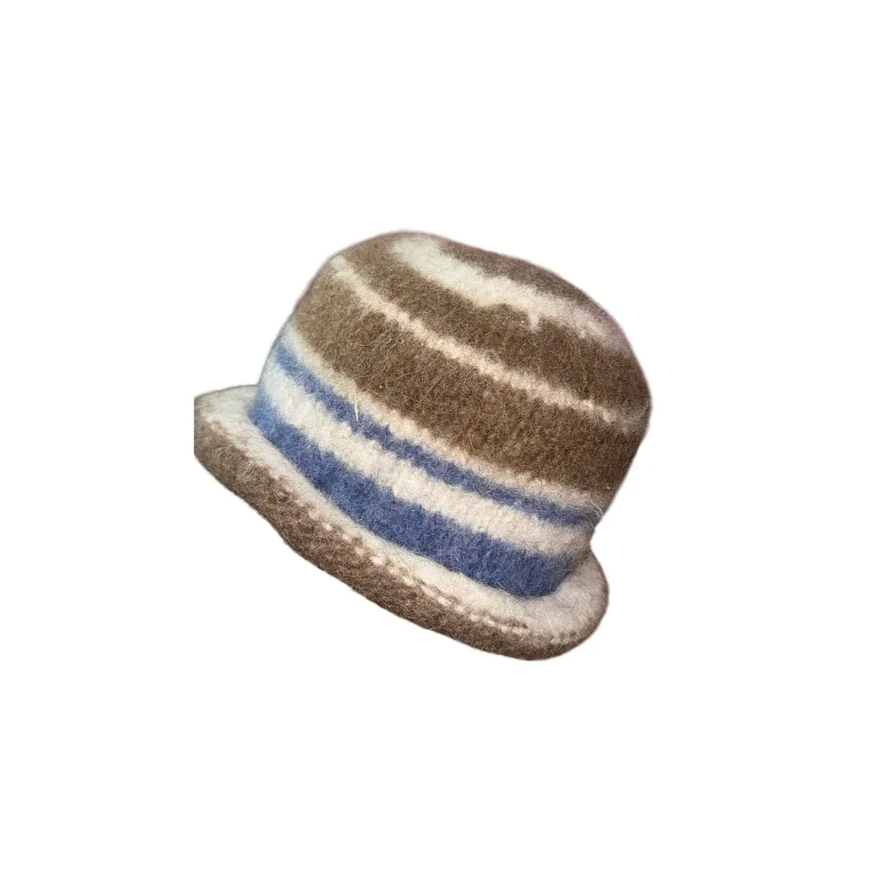 Vintage Striped Cloche Knit Bucket Style Hat Brown Blue White Cozy‎ Winter Fall